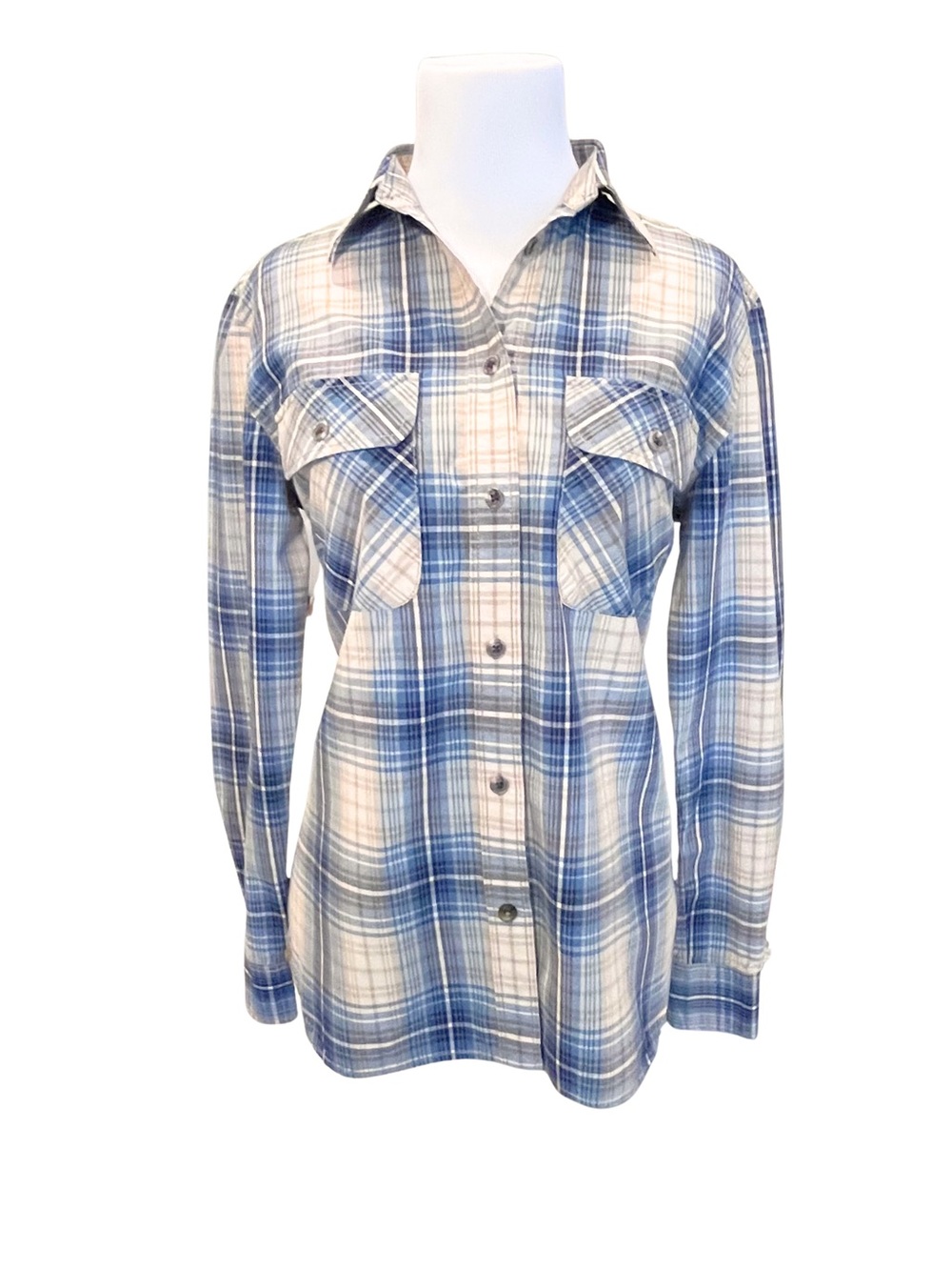 RALPH LAUREN | Sz M | VTG Scotch Plaid Button-Down Shirt in Blue, White & Cream